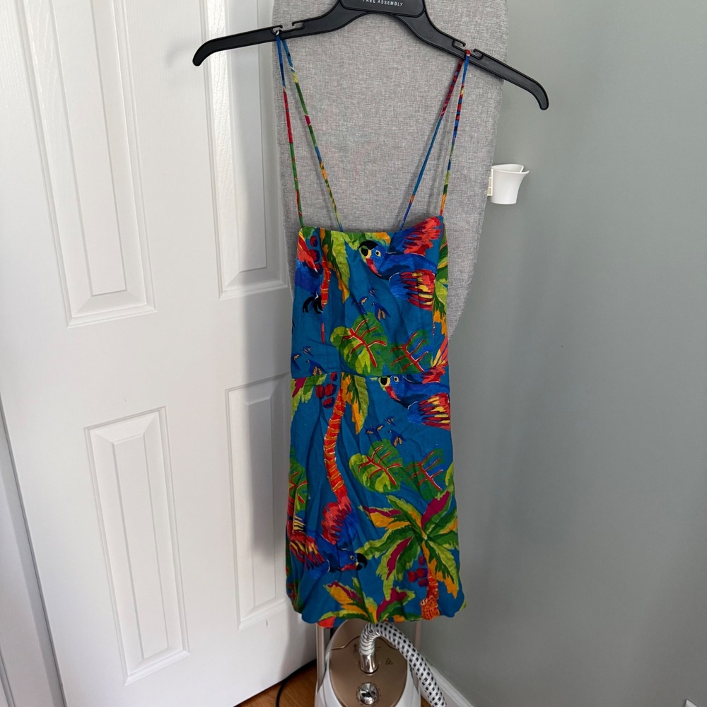 FARM Rio Blue Sunny Day Mini Dress M Tropical Bird Linen Blend Resort NWOT